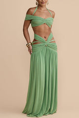 Martina Stretch Mesh Gold Metal Detail Gathered Sweetheart Crop Halter Vacation Tank