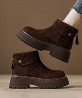 Comfy Coffee Zippered Splicing Chunky Ankle Boots