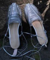 Boho Lace Up Splicing Holiday Flat Sandals Silver Hollow Out