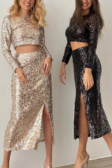 Solid Sequined Long-sleeved Crop Top and Slit Midi Skirt Set