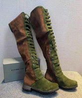 Splicing Zippered Chunky Knee Boots Green