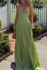 Elegant Lace Patchwork Halter Neck Tie Backless Pleated Maxi Dress