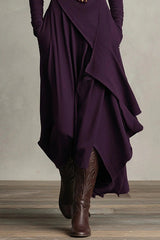 Solid Color High-neck Long-sleeved Irregular Casual Maxi Dress