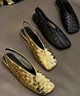 Chic Gold Cowhide Leather Walking Sandals Square Toe