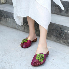 Vintage Floral Plaited Leather Casual Slippers