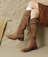 Brown Suede Tassel Wrinkled Splicing Boho Boots