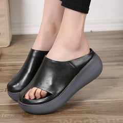 Retro Leather Wedge Slippers