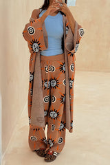 Mediterranean Art Knit Unique Sun Vortex Print Bell Sleeve Long Cardigan