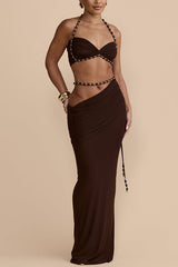 Emara Stretch Mesh Hand Beaded Detachable Belt Gathered Waist Vacation Maxi Skirt