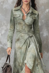 Tie Dye Long-sleeved Slim-fit Tie-waist Irregular Maxi Dress