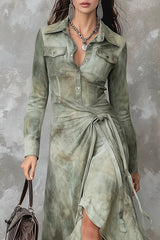 Tie Dye Long-sleeved Slim-fit Tie-waist Irregular Maxi Dress