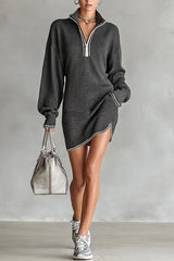Loose-fitting Long-sleeved Collared Zip-up Casual Knitted Mini Dress