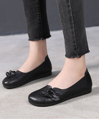 Black Bow Flat Shoes For Women Handmade Cowhide Leather Flat Shoes