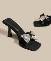Black Bow Zircon Splicing High Heel Slide Sandals