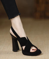 Black Sandals High Heel Sheepskin Splicing Peep Toe Buckle Strap