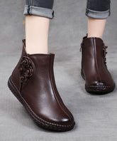 Plus Size Brown Cowhide Leather Warm Fleece Boots Zippered Ankle Boots