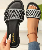 Beautiful Zircon Splicing Black Faux Leather Slide Sandals