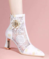 Embroidered Mesh Patchwork Chunky Heel Boots