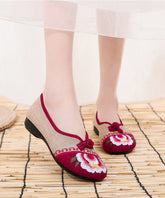 Apricot Genuine Leather Embroider Flower Splicing Flat Feet Shoes