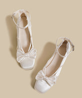 French White Bow Buckle Strap Splicing Satin Chunky Heel Shoes