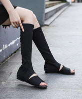 Splicing Long Boots Black Peep Toe Elastic Fabric
