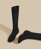 Black Suede Hollow Out Splicing Boots