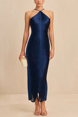 Allnight Metallic Halterneck Backless Fringed Slit Maxi Dress