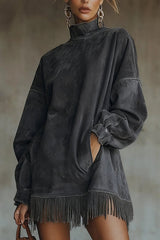 Suede High-neck Long-sleeved Loose-fitting Pockets Tassel Mini Dress