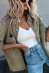 Lapel Long Sleeve Ripped Denim Jacket
