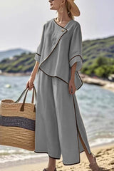 Color Trim Asymmetrical Casual Top and Elastic Waist and Wide-leg Pant Set