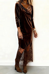 Velvet and Lace Patchwork Long-sleeved Elegant Maxi Dress