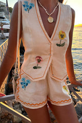 Flower Printed Linen Blend Button Vest and Elastic Waist Pocketed Shorts Set