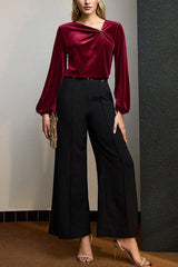 Velvet Pleated Long-sleeved Knotted Casual Top
