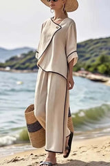 Color Trim Asymmetrical Casual Top and Elastic Waist and Wide-leg Pant Set