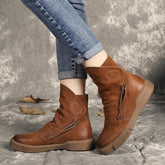 Chocolate zippered Casual Boots Cowhide Leather