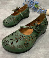 Green Hollow Out Genuine Leather Flat Feet Shoes