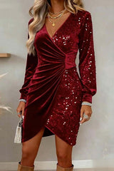Velvet Sequined V-neck Long-sleeved Slim-fit Mini Dress