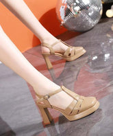 Apricot Buckle Strap Splicing Hollow Out Chunky Heel Sandals