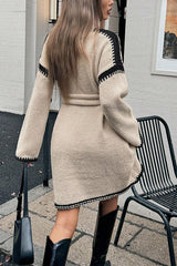 Loose-fitting Long-sleeved Tie-waist Knit Mini Dress
