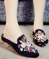 Black Embroideried Cotton Fabric Pointed Toe Slide Sandals