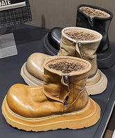 Caramel Faux Leather Boots Fuzzy Wool Lined Splicing Zippered