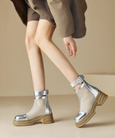 Silk Chunky Cowhide Leather Breathable Mesh Splicing Boots