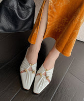 Hollow Out Chunky Beige Cowhide Leather Slide Sandals