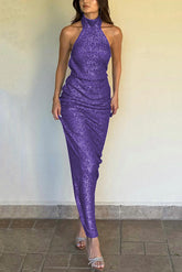 Sleeveless Backless Sequined Fitted Maxi Dress