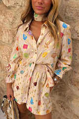 Gold Stamping Unique Printing Lapel Long Sleeve Shirt and Elastic Waist Casual Pocket Shorts Set