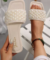 Elegant Splicing White Faux Leather Nail Bead Slide Sandals