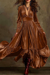 Velvet V-neck Long-sleeved High-waisted Maxi Dress