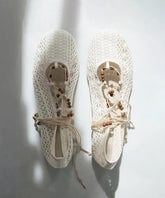 White Knit Fabric Lace Up Hollow Out Flat Shoes