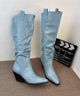 Splicing Chunky Boots Blue Faux Leather Pointed Toe