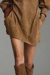 Loose-fitting Suede Zip-up V-neck Mini Dress